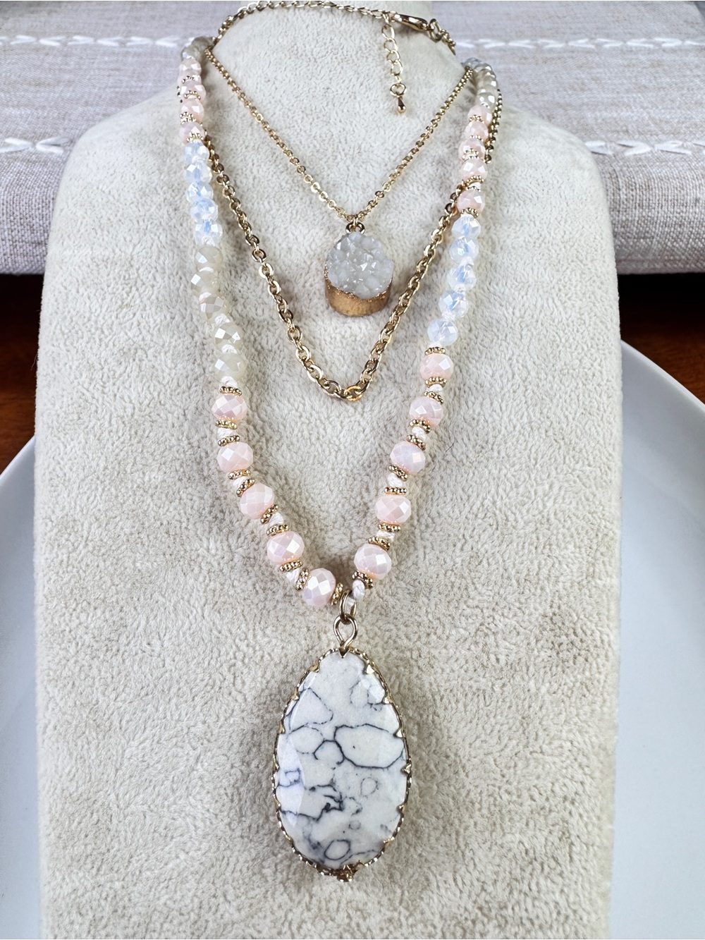 Gold-Tone Layered Necklace with Pink Beads and White Marbled Teardrop Pendant